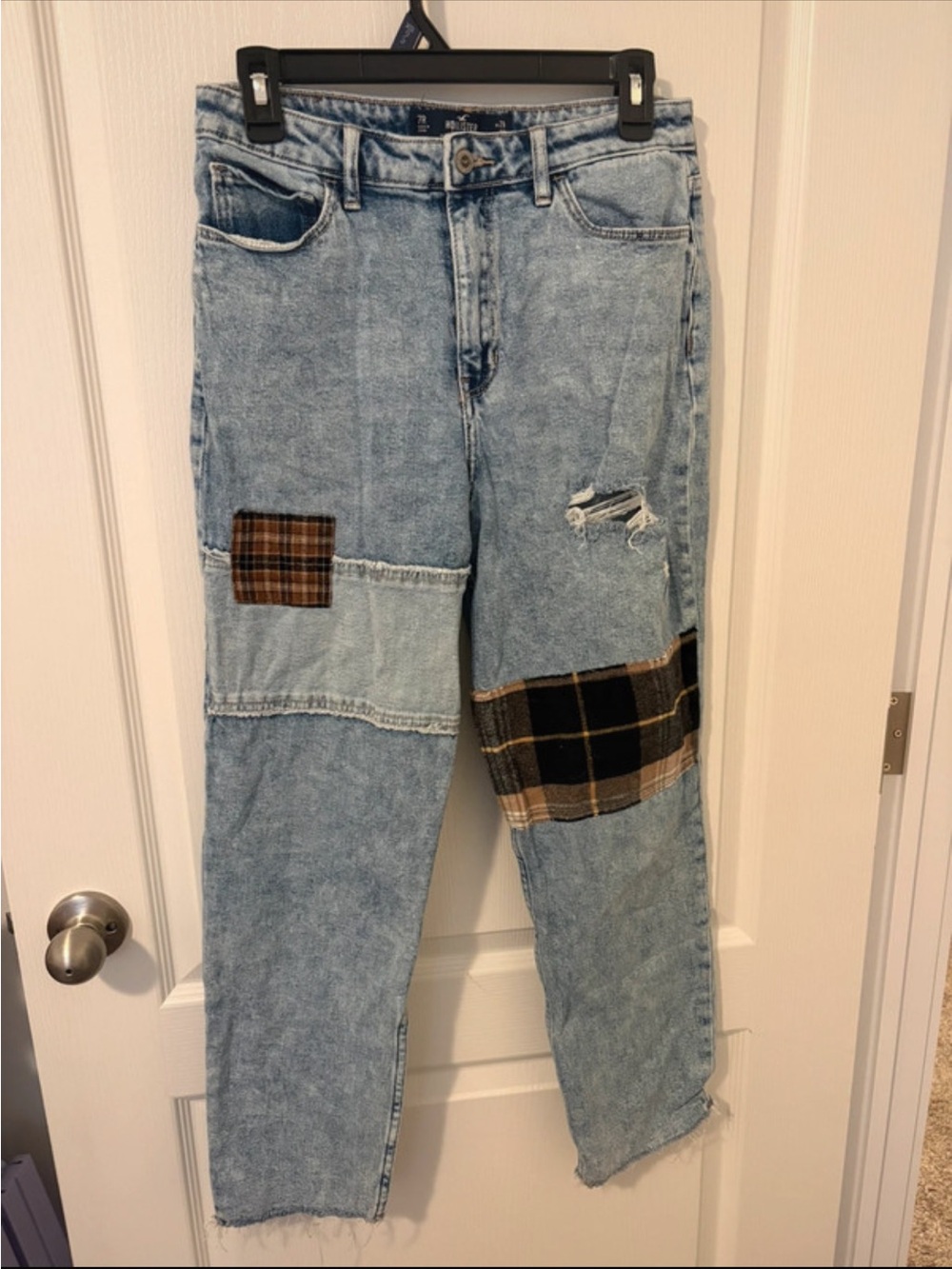 Hollister Light Blue Straight Leg Jeans with Plaid Patches